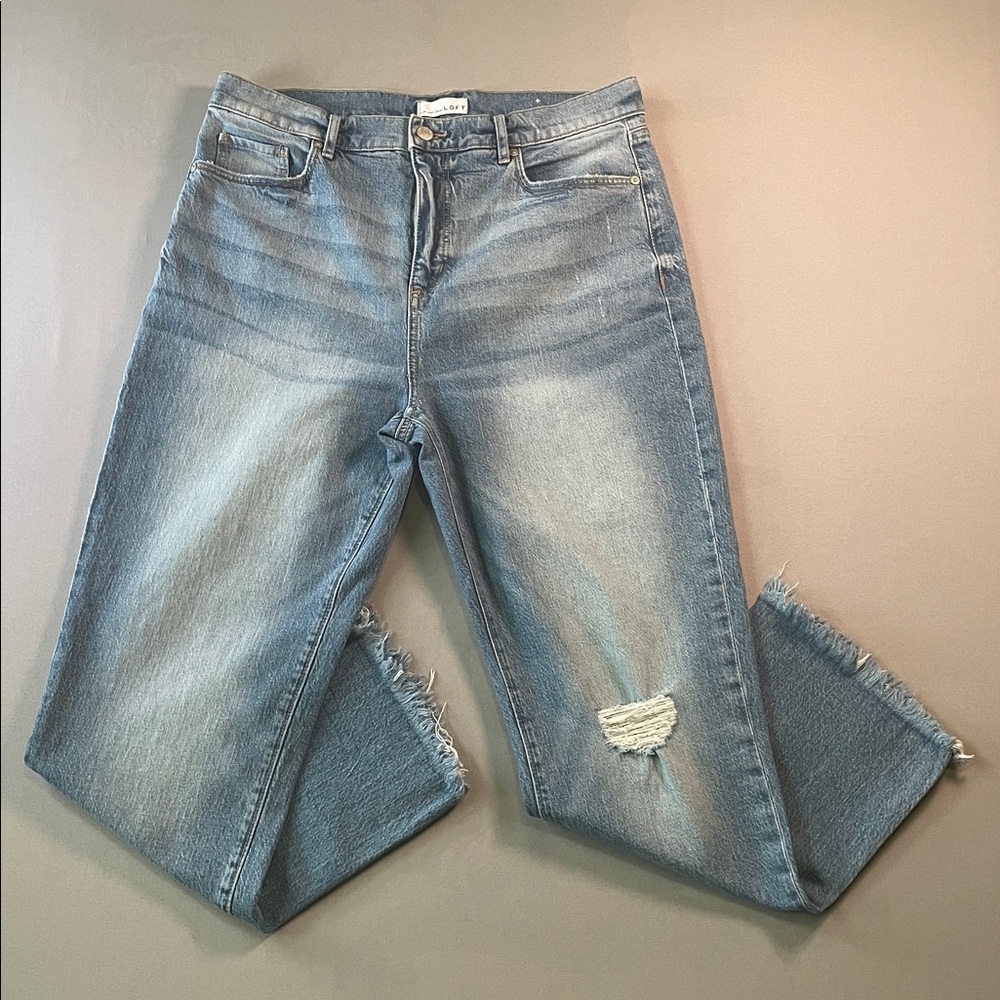 LOFT High Rise Straight Crop Distressed Jeans Light Denim | 10/30